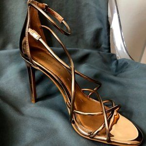 Gianni Bini Open Toe Heels with Tubular Straps in Rose Gold - Size 7